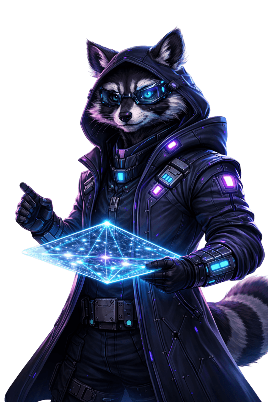 Персонаж-енот: разработчик с интерфейсом на экране